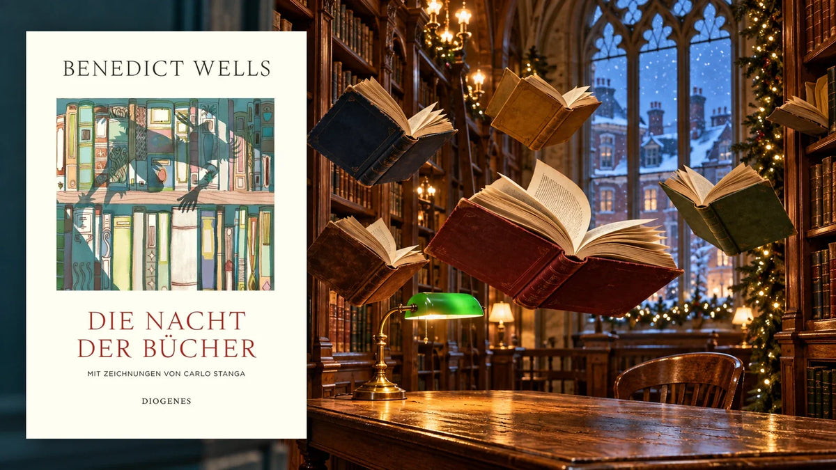 Buchcover »Die Nacht der Bücher« von Benedict Wells vor einer weihnachtlich geschmückten alten Bibliothek, in der aufgeschlagene Bücher durch die Luft schweben, im Fenster verschneite Londoner Häuser