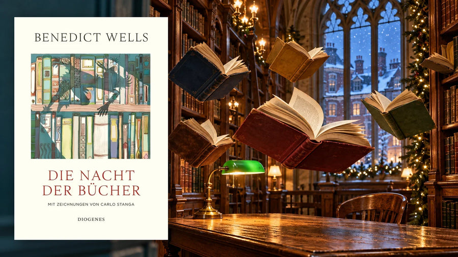 Buchcover »Die Nacht der Bücher« von Benedict Wells vor einer weihnachtlich geschmückten alten Bibliothek, in der aufgeschlagene Bücher durch die Luft schweben, im Fenster verschneite Londoner Häuser