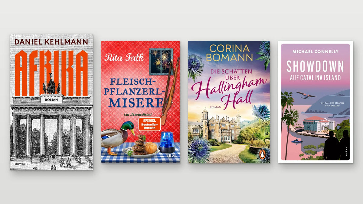 Vier Buchcover der Neuerscheinungen im November 2026 nebeneinander: Kehlmanns »Afrika«, Rita Falks »Fleischpflanzerl-Misere«, Bomanns »Die Schatten über Hallingham Hall« und Connellys »Showdown auf Catalina Island«