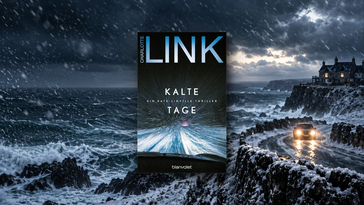 Cover von »Kalte Tage«, dem sechsten Kate-Linville-Thriller von Charlotte Link, vor einer verschneiten Steilküste im Sturm