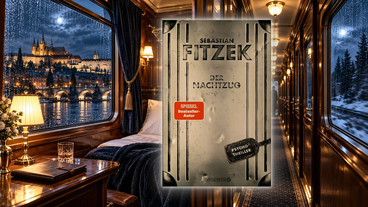»Der Nachtzug« von Sebastian Fitzek vor einem Luxus-Schlafwagenabteil, im Fenster die Prager Burg und die Karlsbrücke bei Nacht