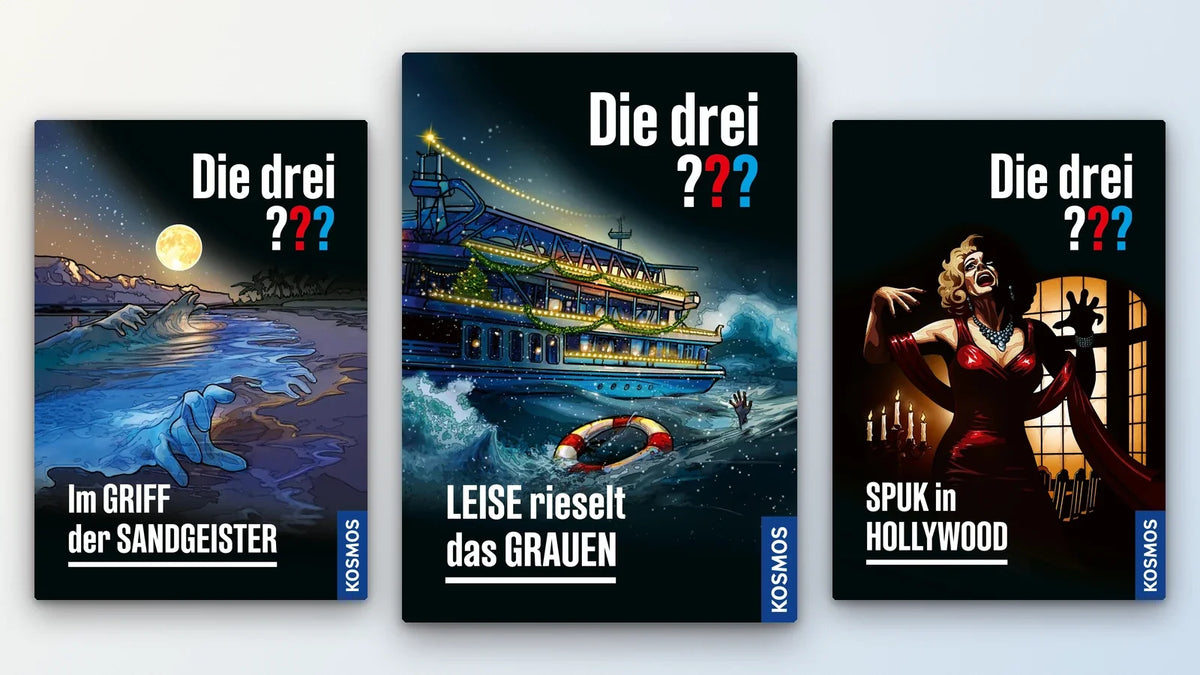 Cover der drei-???-Fälle Im Griff der Sandgeister, Leise rieselt das Grauen und Spuk in Hollywood von 2026