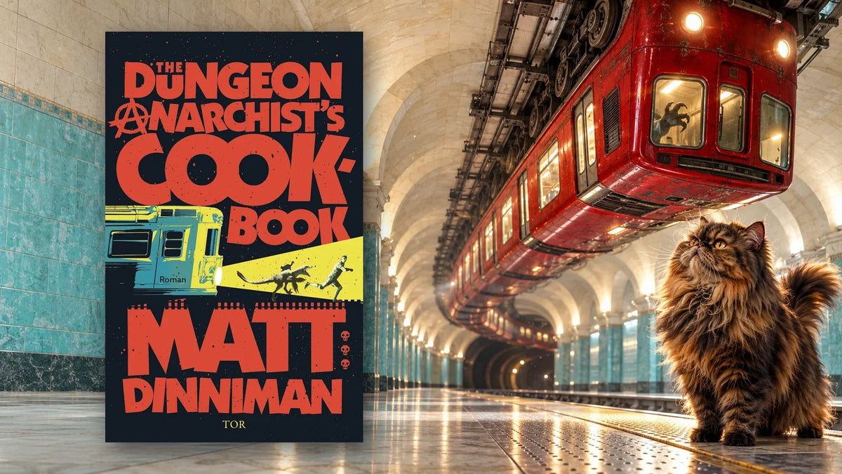 Buchcover »The Dungeon Anarchist's Cookbook« von Matt Dinniman, Band 3 der Reihe Dungeon Crawler Carl, in einer U-Bahn-Station mit einem kopfüber an der Decke fahrenden roten Zug und einer Perserkatze
