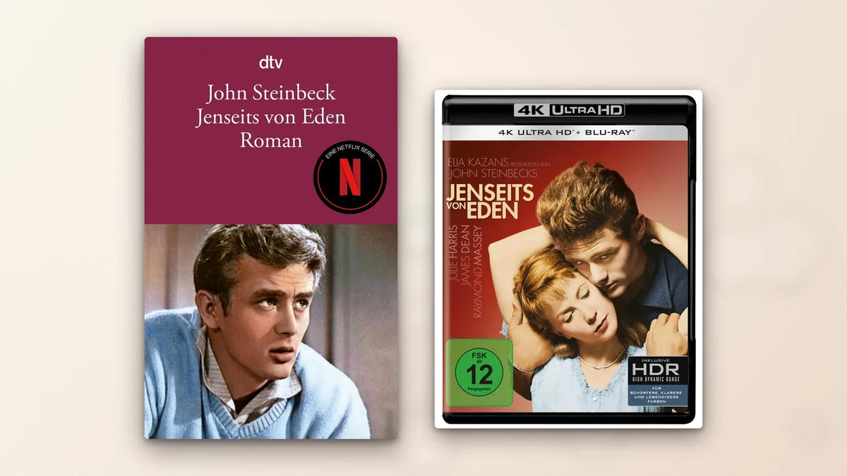 Buch zur Netflix-Serie East of Eden: Taschenbuch »Jenseits von Eden« von John Steinbeck bei dtv neben dem Film von 1955 mit James Dean