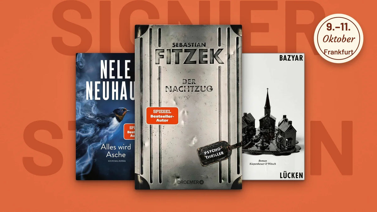 Buchcover Der Nachtzug von Sebastian Fitzek, Alles wird Asche von Nele Neuhaus und Die Lücken von Shida Bazyar vor dem Schriftzug Signierstunden – Frankfurter Buchmesse 2026