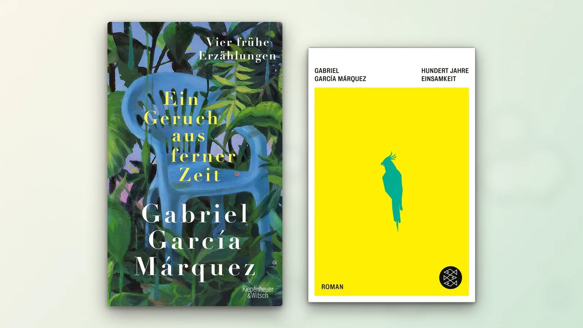 Buchcover »Ein Geruch aus ferner Zeit« mit blauem Gartenstuhl und das gelbe Taschenbuch »Hundert Jahre Einsamkeit« von Gabriel García Márquez