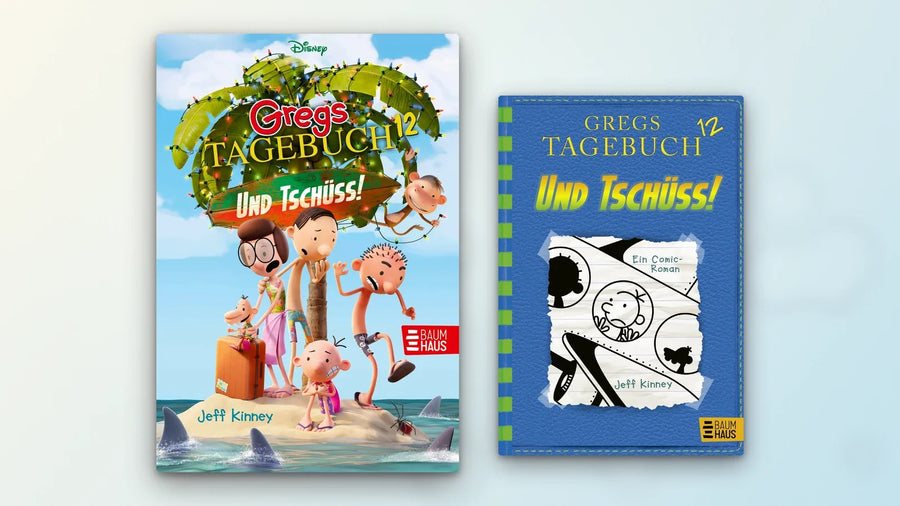 Gregs Tagebuch 12 Und tschüss! als Disney+-Sonderausgabe mit der animierten Familie Heffley auf einer Insel neben der Originalausgabe