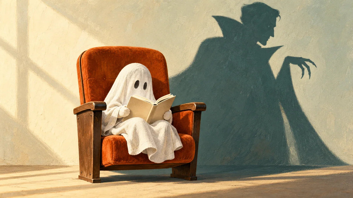 Ein kleines Gespenst liest in einem Sessel ein Buch, an der Wand dahinter fällt der Schatten eines Vampirs