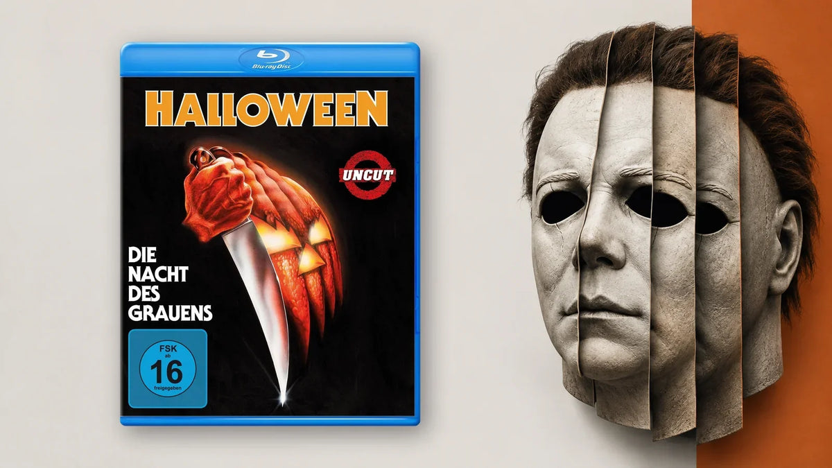 Blu-ray-Cover von Halloween – Die Nacht des Grauens neben einer in fünf Streifen geteilten Michael-Myers-Maske vor hellem und orangefarbenem Hintergrund