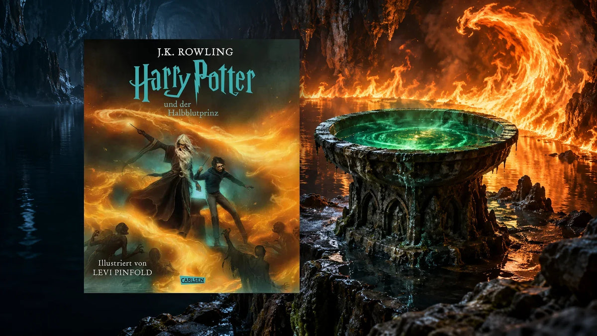 »Harry Potter und der Halbblutprinz«, illustrierte Ausgabe von Levi Pinfold bei Carlsen, vor einem Höhlensee mit Flammen und einer grün leuchtenden Steinschale
