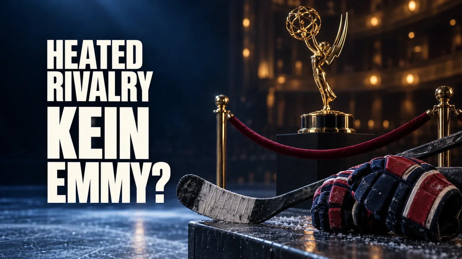 Goldene Emmy-Statuette hinter einer Absperrkordel, davor Eishockeyhandschuhe und ein Schläger, daneben die Frage „Heated Rivalry: Kein Emmy?“