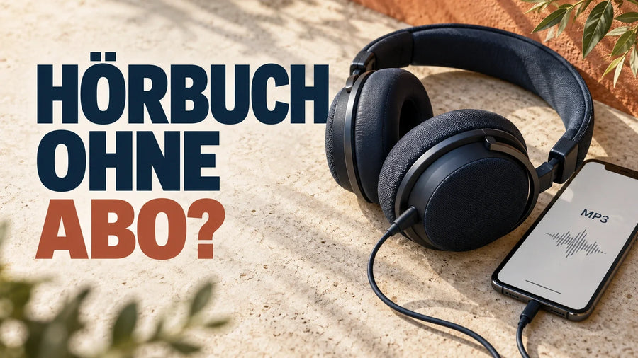 Kopfhörer neben einem Smartphone mit MP3-Anzeige und dem Schriftzug „Hörbuch ohne Abo?“