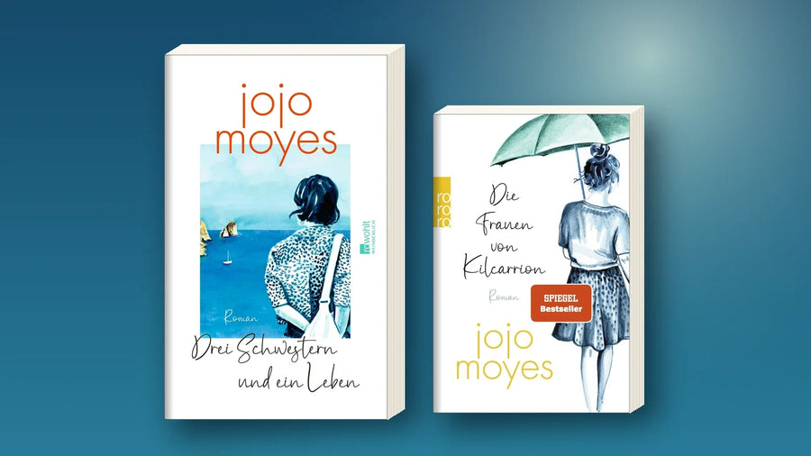 Buchcover Drei Schwestern und ein Leben und Die Frauen von Kilcarrion von Jojo Moyes vor blauem Hintergrund