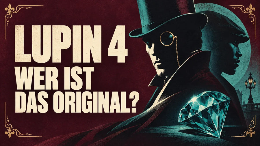 Illustration zu Lupin 4: Gentleman-Dieb mit Zylinder, moderne Silhouette und türkiser Diamant neben dem Schriftzug „Wer ist das Original?“