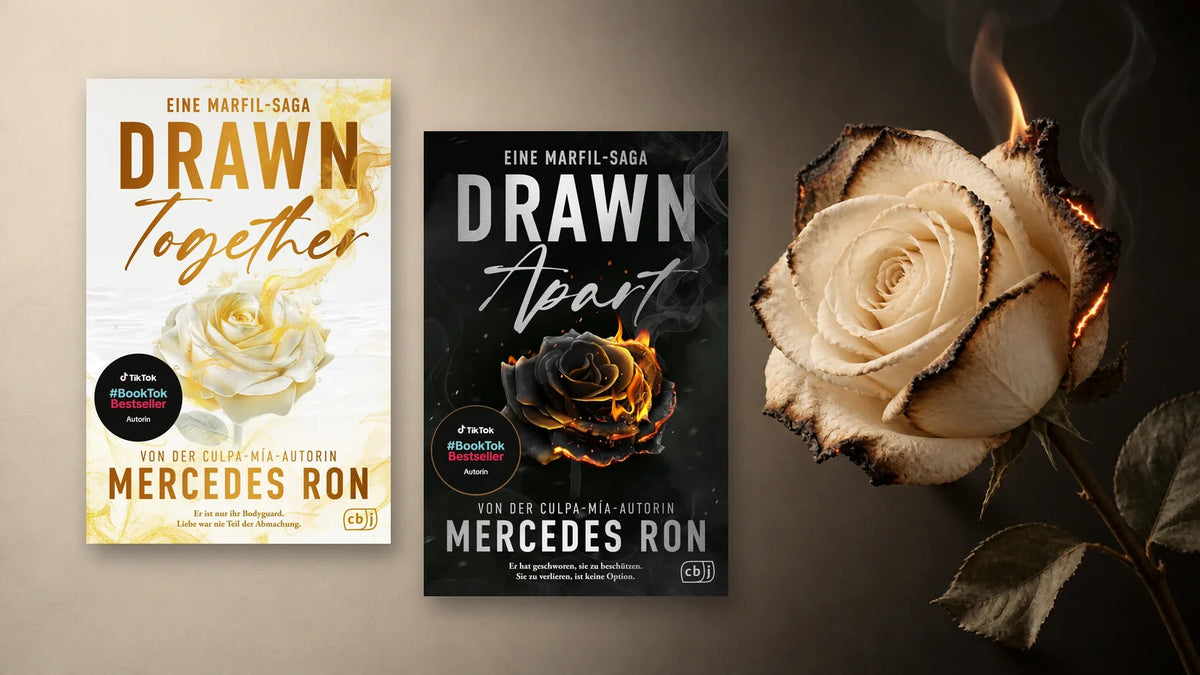 Cover von „Drawn Together“ und „Drawn Apart“ von Mercedes Ron neben einer weißen Rose mit glühenden Blütenrändern.