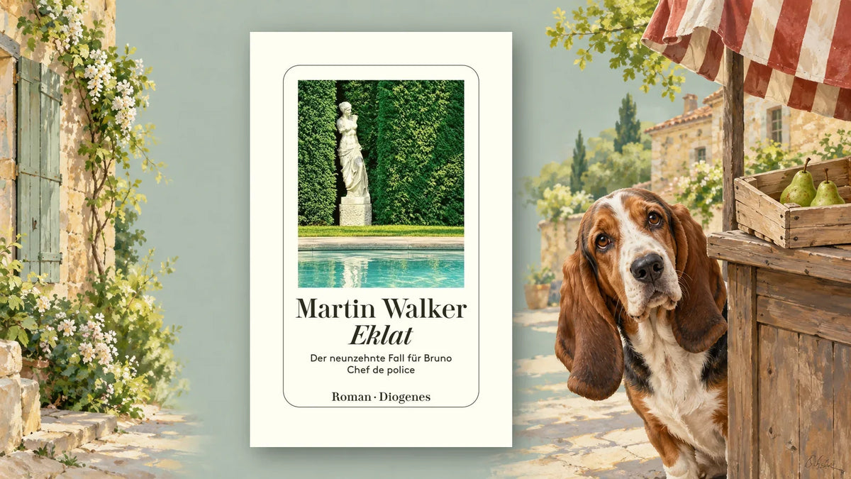 Buchcover von »Eklat« von Martin Walker neben einem Basset an einem leeren Marktstand in einem Städtchen im Périgord