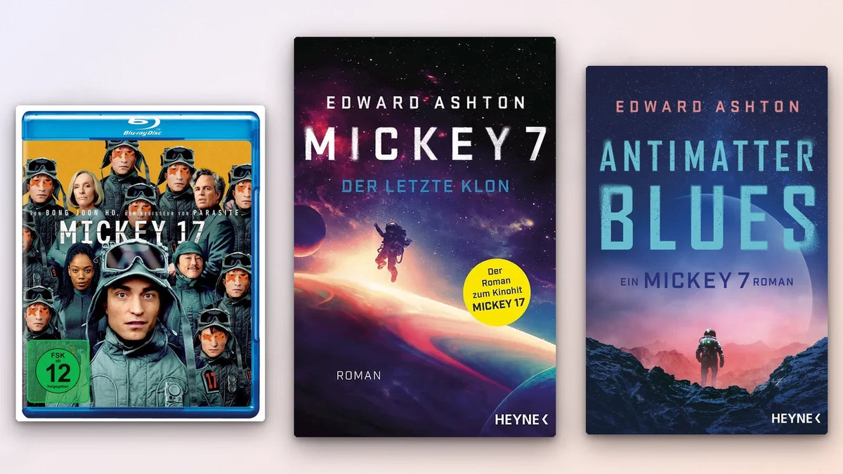 Mickey 17 auf Blu-ray neben den Romanen Mickey 7 – Der letzte Klon und der Fortsetzung Antimatter Blues von Edward Ashton