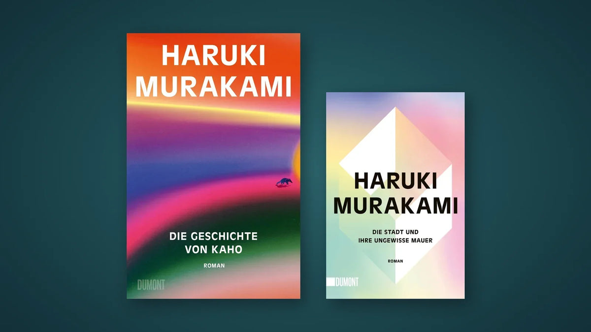 Buchcover Die Geschichte von Kaho, der neue Roman von Haruki Murakami, neben Die Stadt und ihre ungewisse Mauer