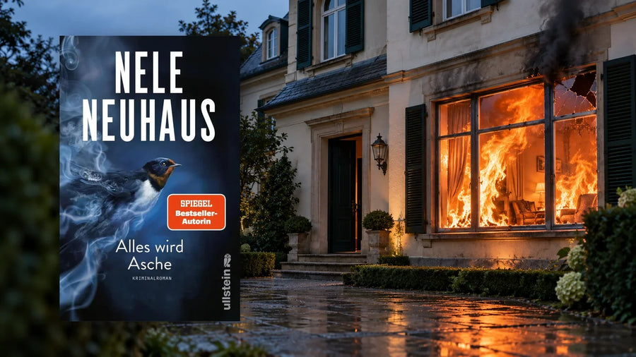 Buchcover »Alles wird Asche« von Nele Neuhaus vor einer brennenden Villa in der Abenddämmerung