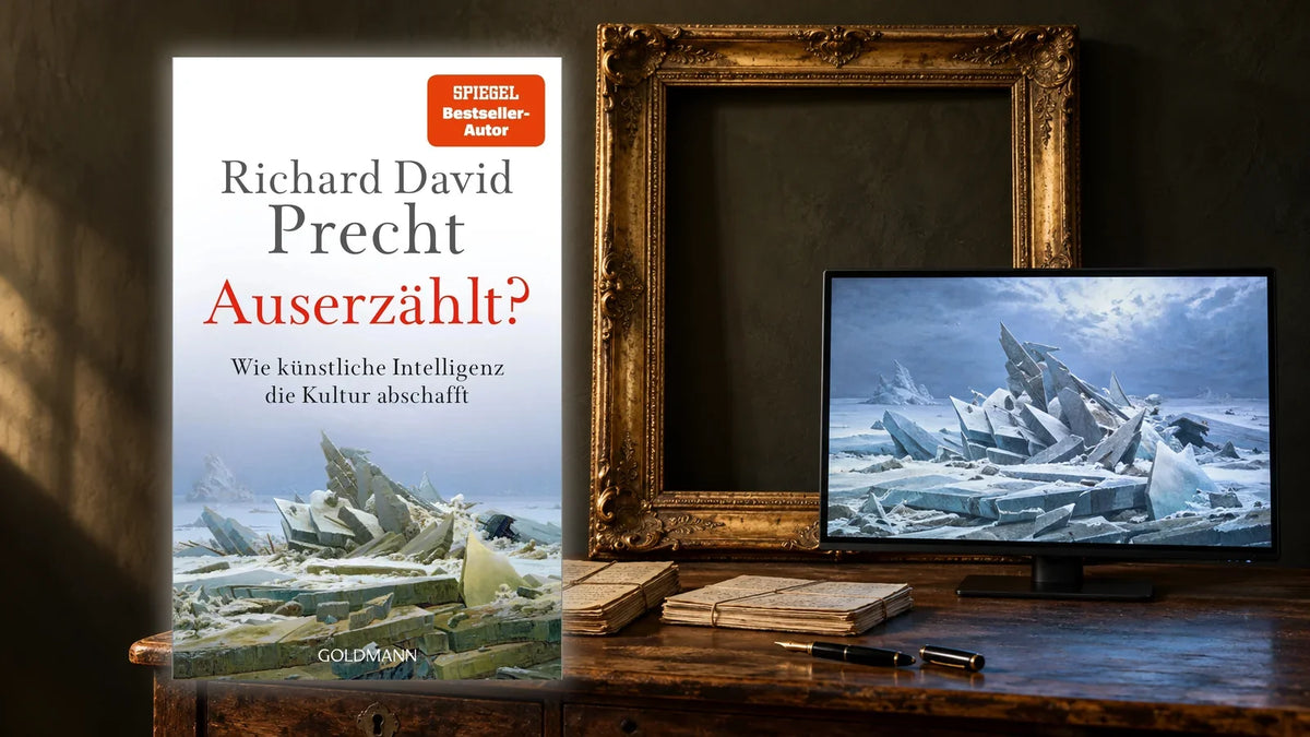 »Auserzählt?« von Richard David Precht, Hardcover bei Goldmann, neben einem leeren Goldrahmen und einem Bildschirm mit Friedrichs »Eismeer«