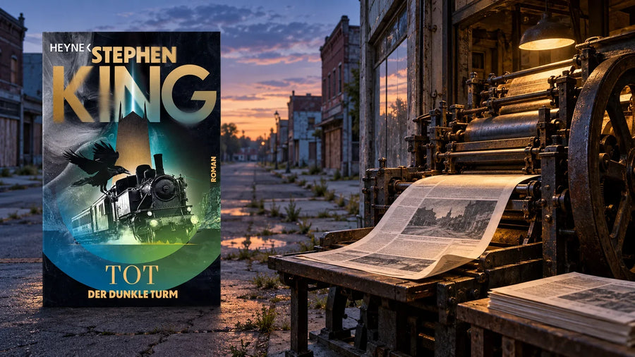 Buchcover »tot.« von Stephen King, Band 3 der Saga Der Dunkle Turm, auf einer verlassenen Kleinstadtstraße in der Abenddämmerung neben einer alten Druckerpresse mit frisch gedruckter Zeitung
