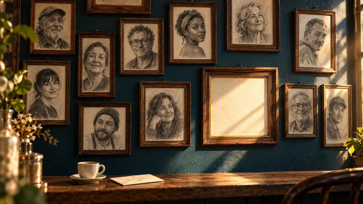 Ein leerer Bilderrahmen zwischen Bleistiftporträts an einer Caféwand – Symbolbild zum Roman „Theo in Golden“ von Allen Levi.