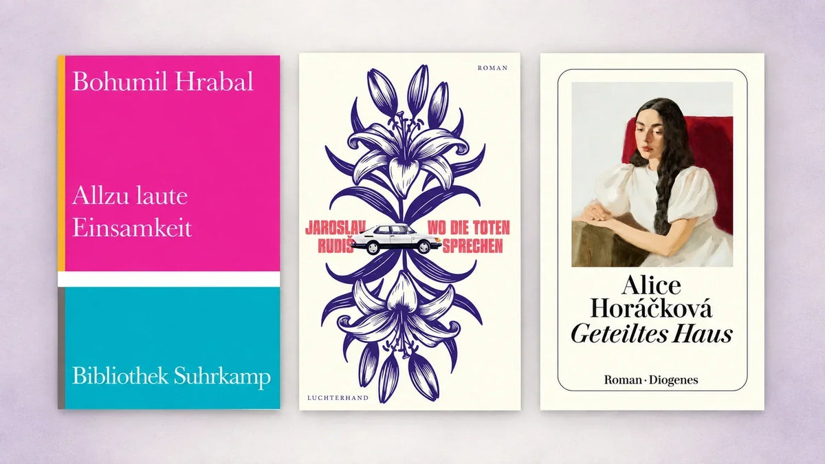 Buchcover von „Allzu laute Einsamkeit“, „Wo die Toten sprechen“ und „Geteiltes Haus“ nebeneinander – Auswahl tschechischer Literatur.