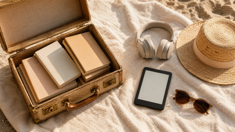 Urlaubslektüre 2026: Koffer mit Büchern, E-Reader und Kopfhörern am Strand – Buch, E-Book und Hörbuch im Vergleich