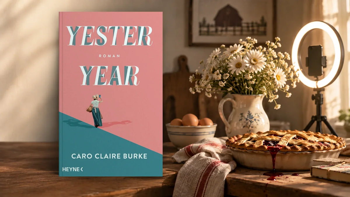 »Yesteryear« von Caro Claire Burke in einer Landhausküche, daneben Kirschkuchen, Eier, Wiesenblumen und ein Ringlicht mit Smartphone