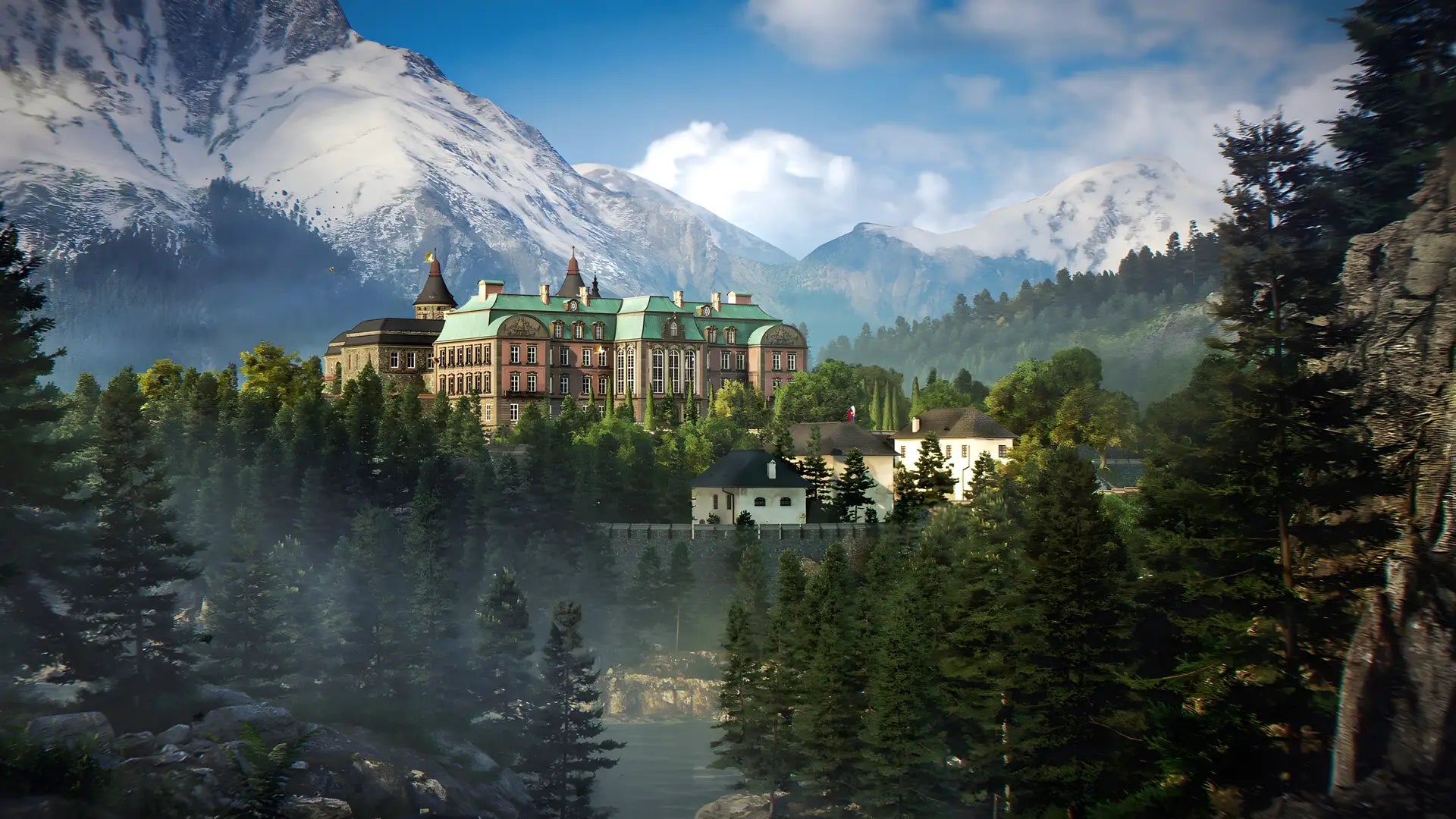 007 First Light Spielszene mit Schlossanlage in den Bergen auf PS5, Xbox, Steam und Nintendo