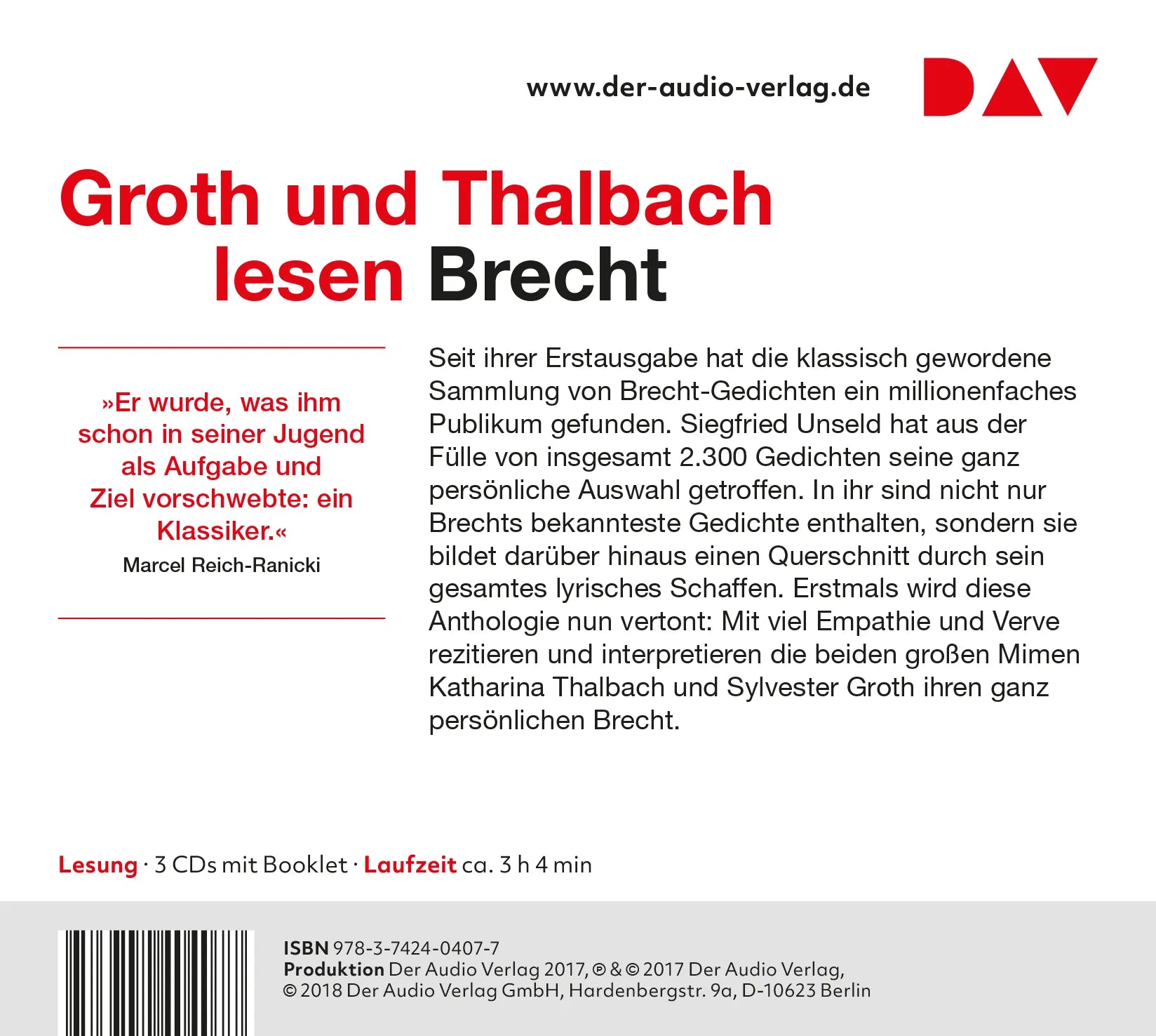 Buchrückseite von '100 Gedichte. Ausgewählt von Siegfried Unseld' mit Klappentext - Hörbuch (CD)