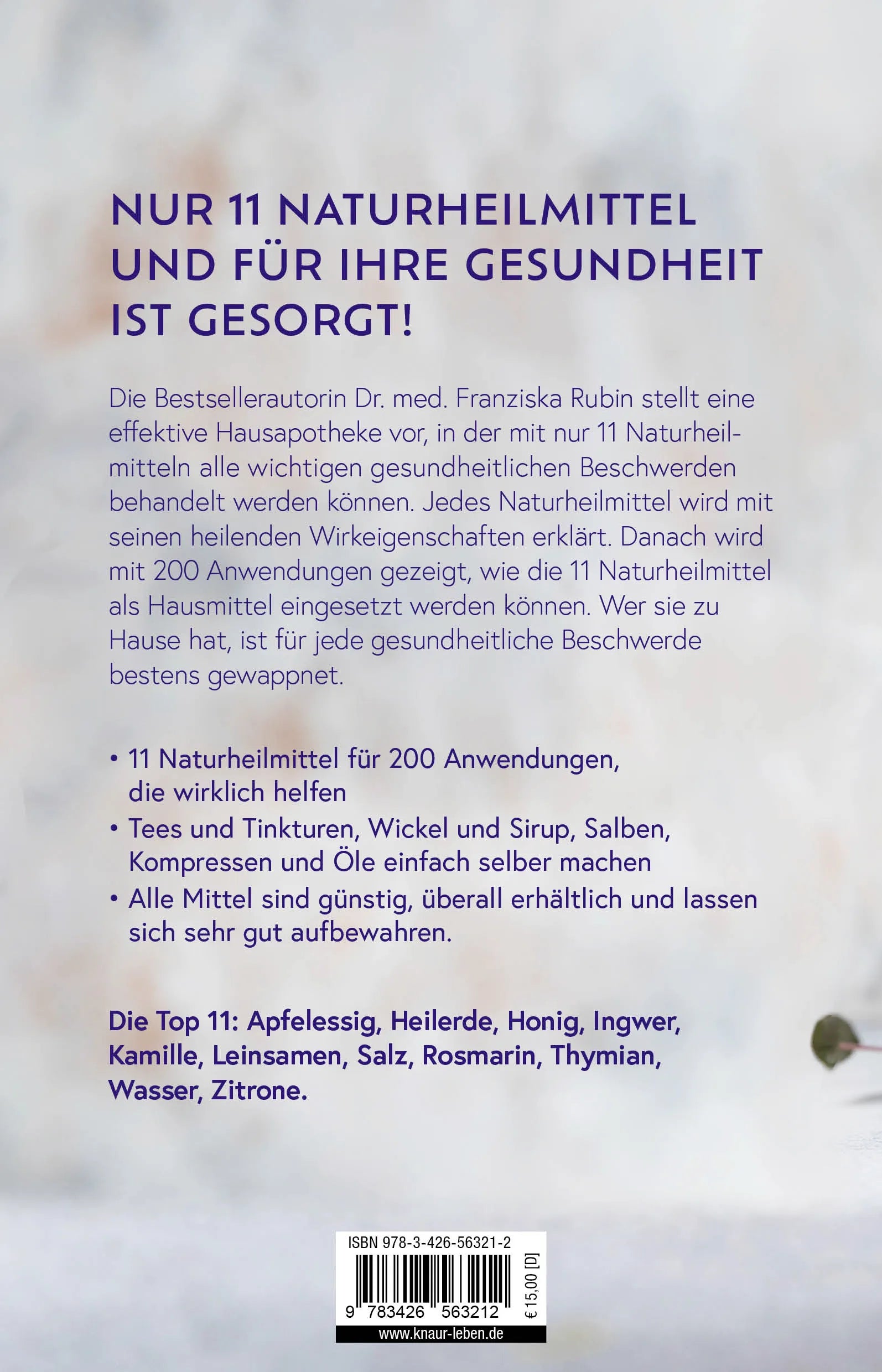 Buchrückseite von '11 Naturheilmittel ersetzen eine Apotheke' mit Klappentext - Taschenbuch
