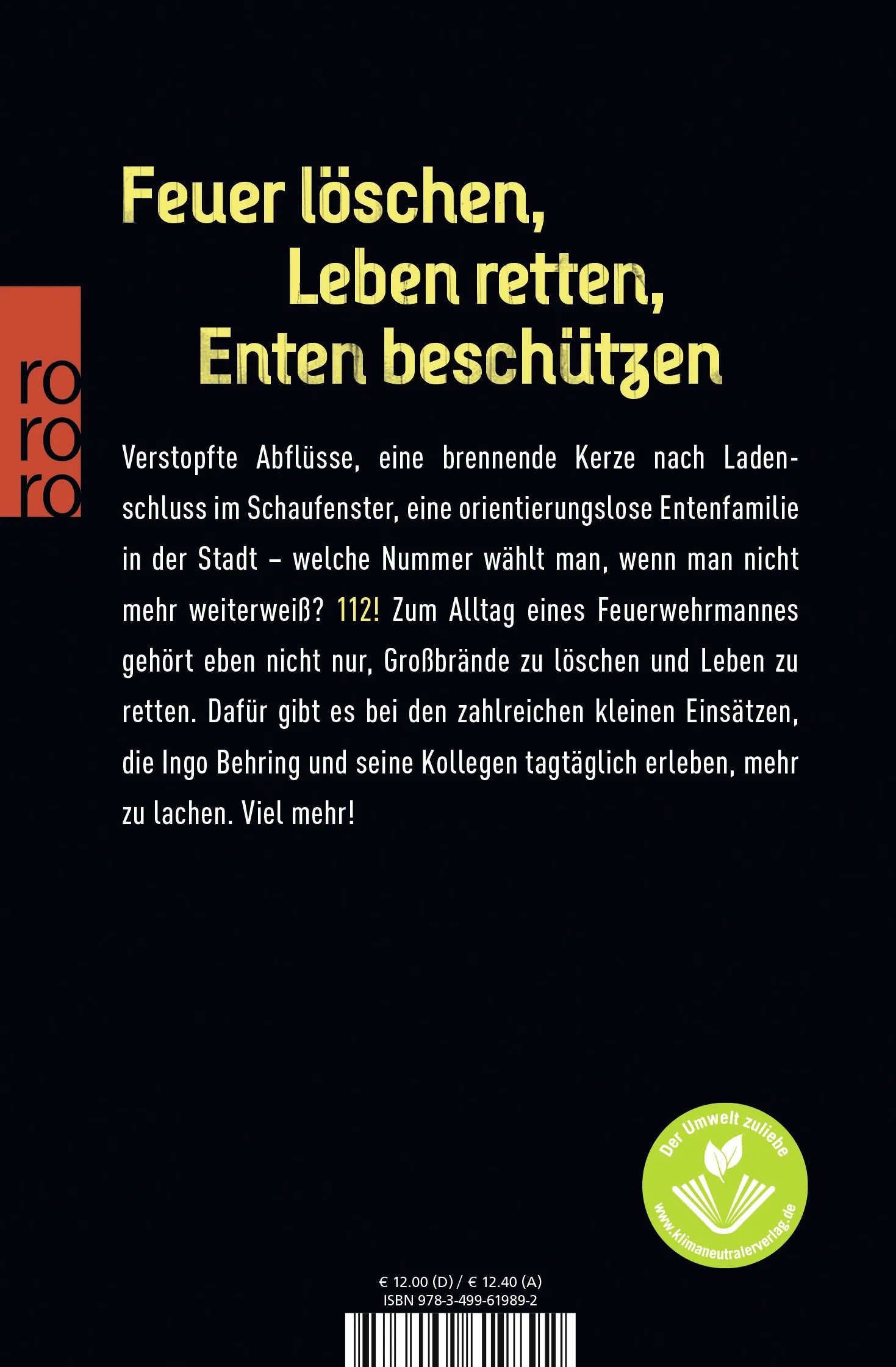 Buchrückseite von '112 - Der tägliche Wahnsinn' mit Klappentext - Taschenbuch