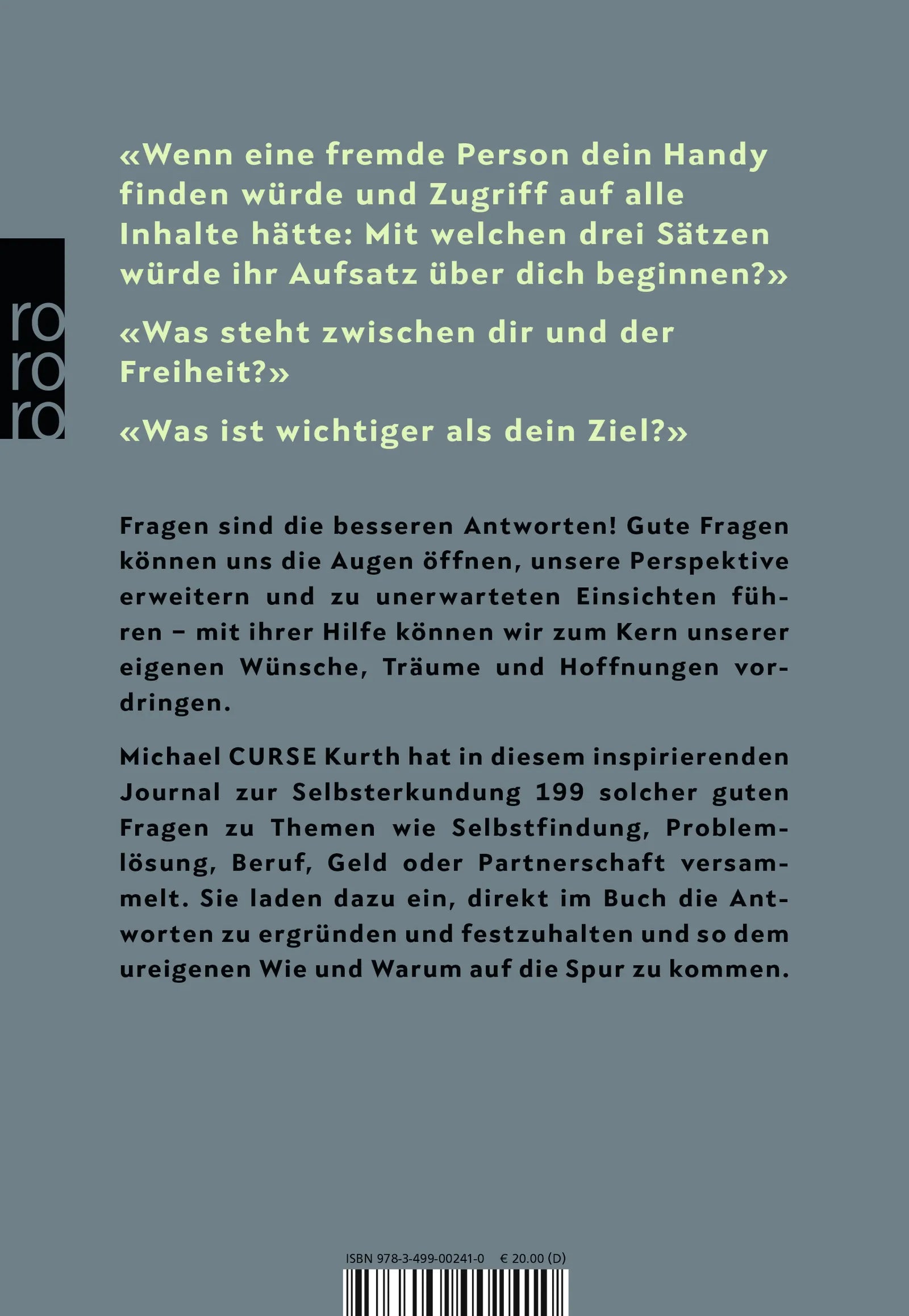 Buchrückseite von '199 Fragen an dich selbst' mit Klappentext - Taschenbuch