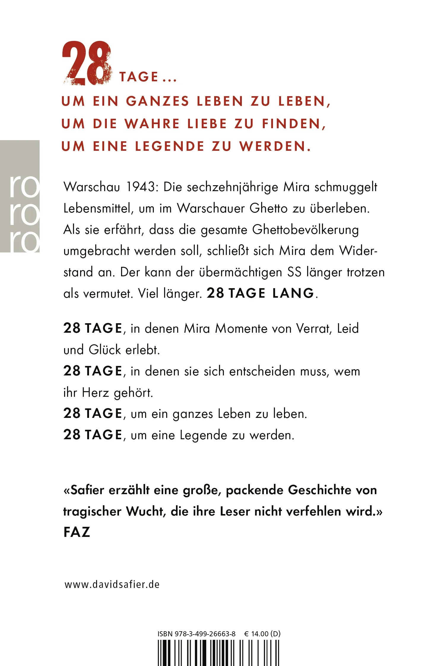 Buchrückseite von '28 Tage lang' mit Klappentext - Taschenbuch