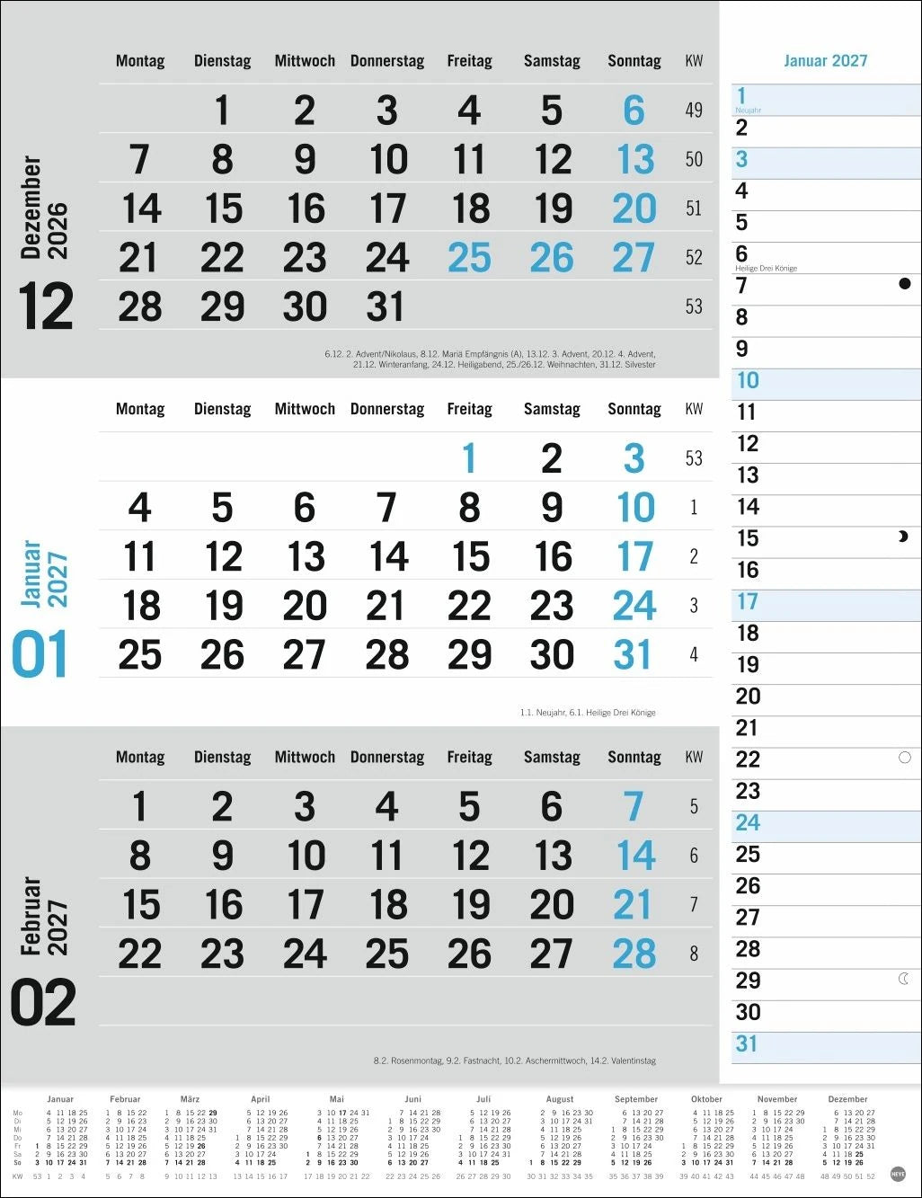Wandkalender: 3-Monats-Planer, blau 2027
