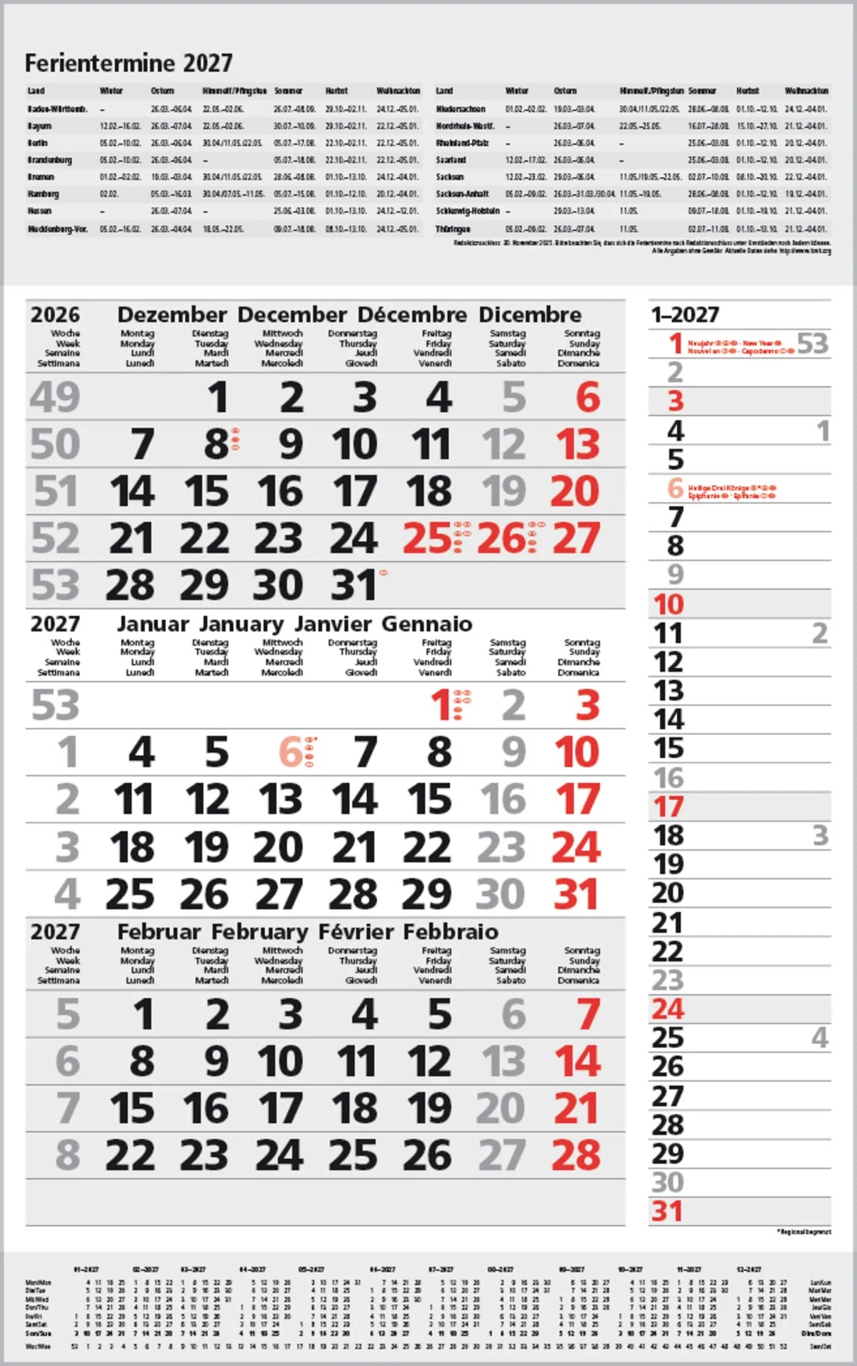 Wandkalender: 3-Monats-Planer Combi Grau 2027