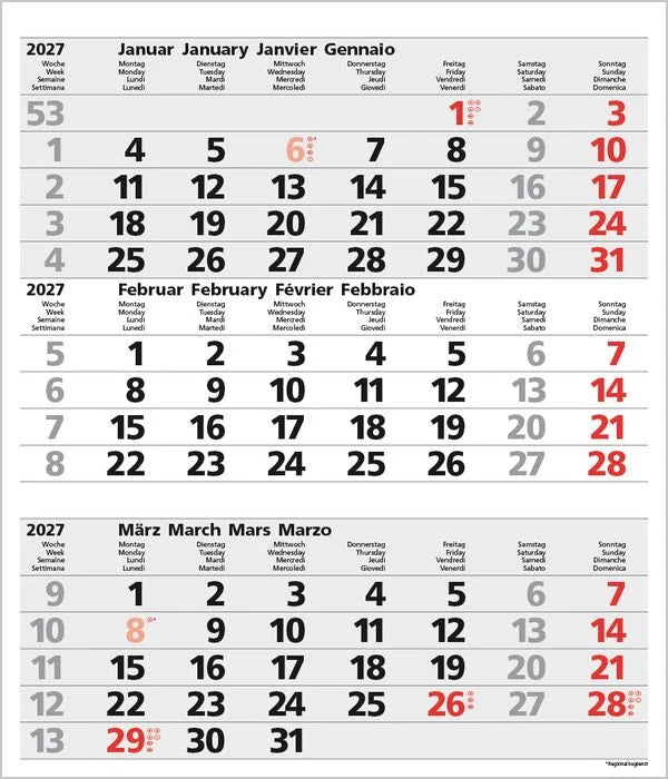 3-Monats-Planer Comfort Grau 2027 – Ansicht