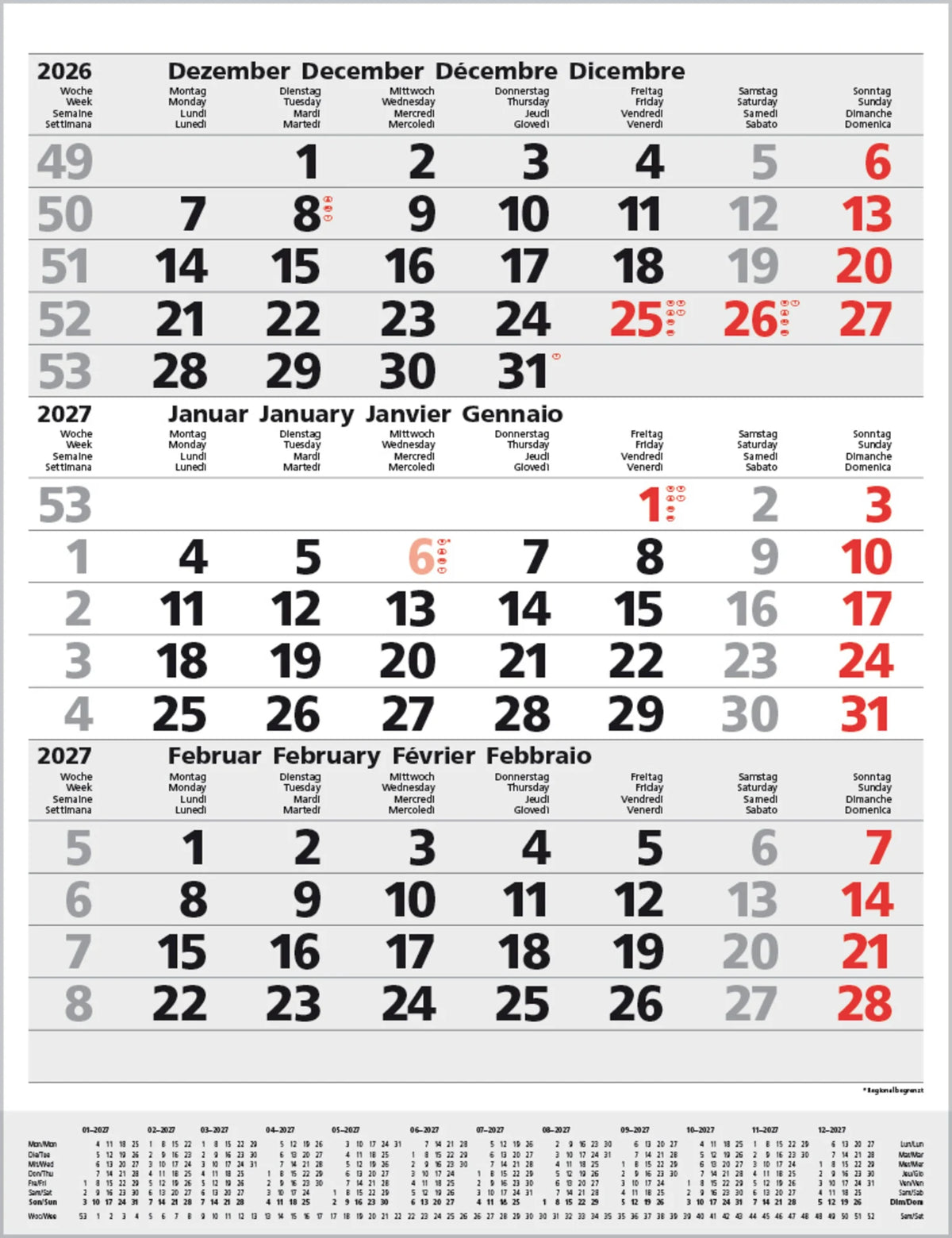 Wandkalender: 3-Monats-Planer Comfort Grau 2027