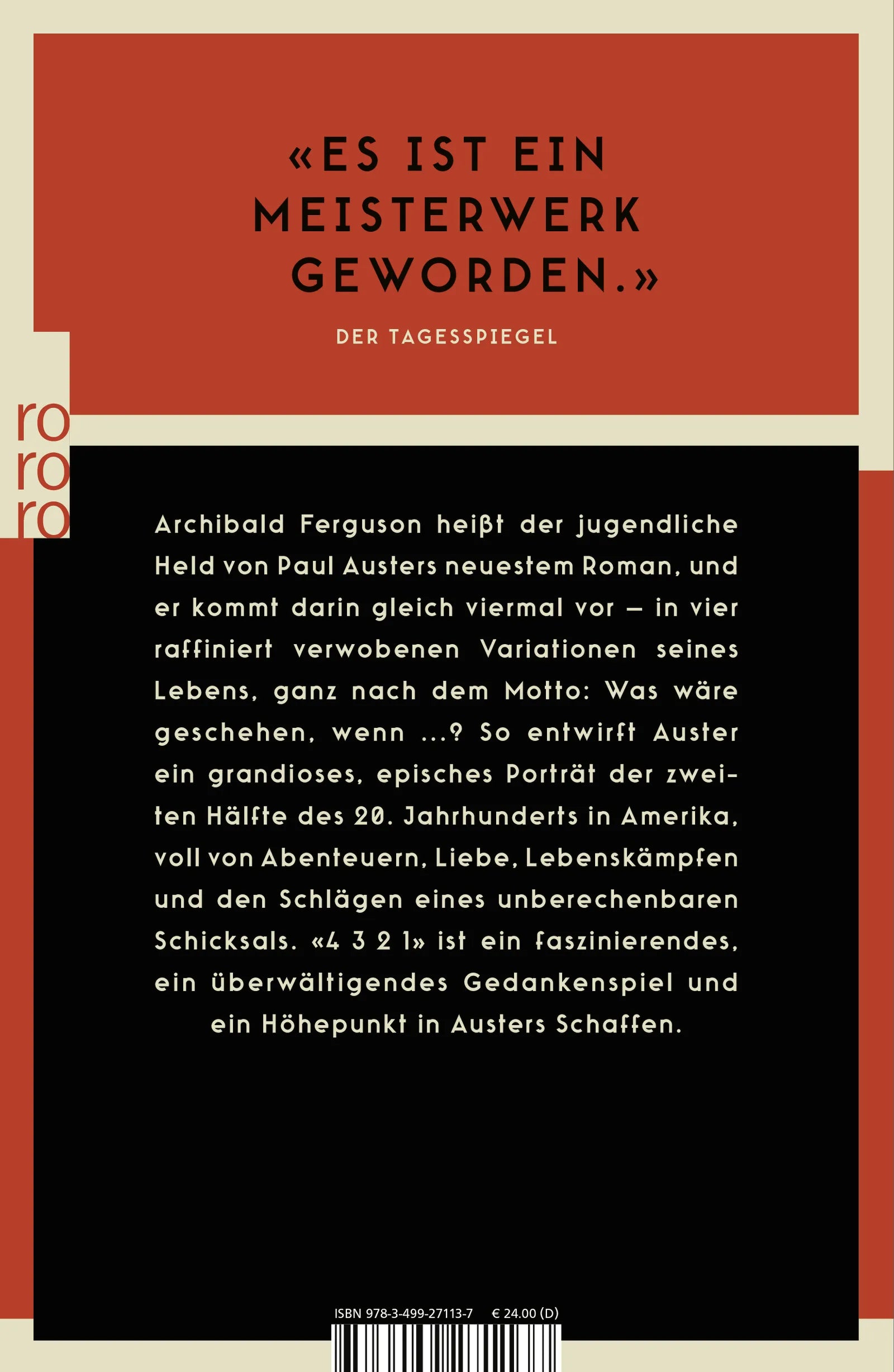 Buchrückseite von '4 3 2 1' mit Klappentext - Taschenbuch