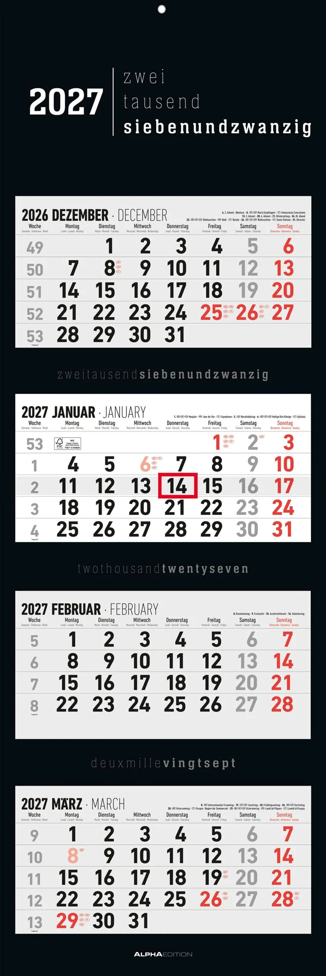 Wandkalender: 4-Monatskalender Black 2027