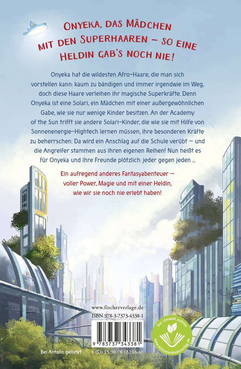 Buchrückseite von 'Academy of the Sun – Onyekas Superkraft' mit Klappentext - Gebundene Ausgabe