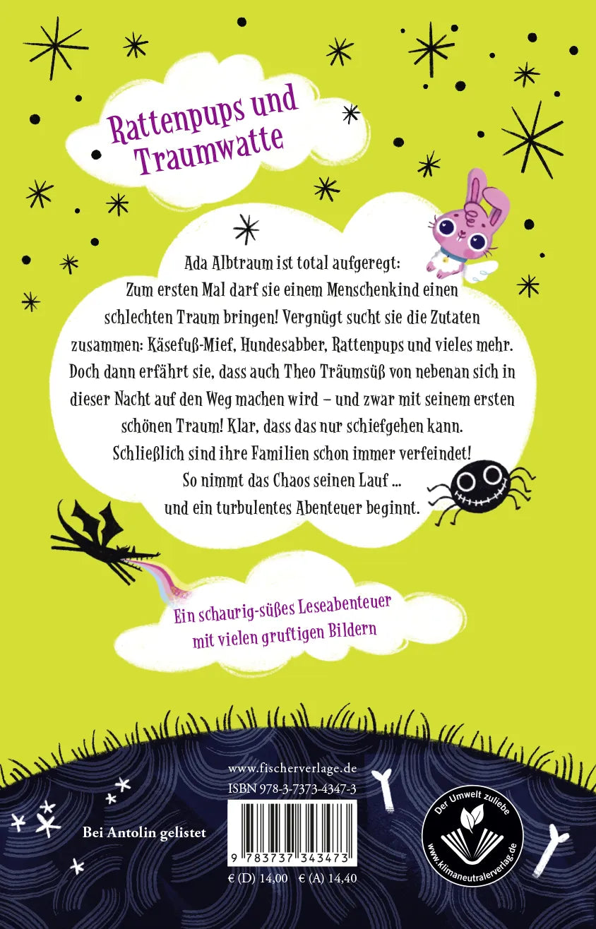 Buchrückseite von 'Ada Albtraum und Theo Träumsüß – Eine schaurig-schöne Freundschaft' mit Klappentext - Gebundene Ausgabe