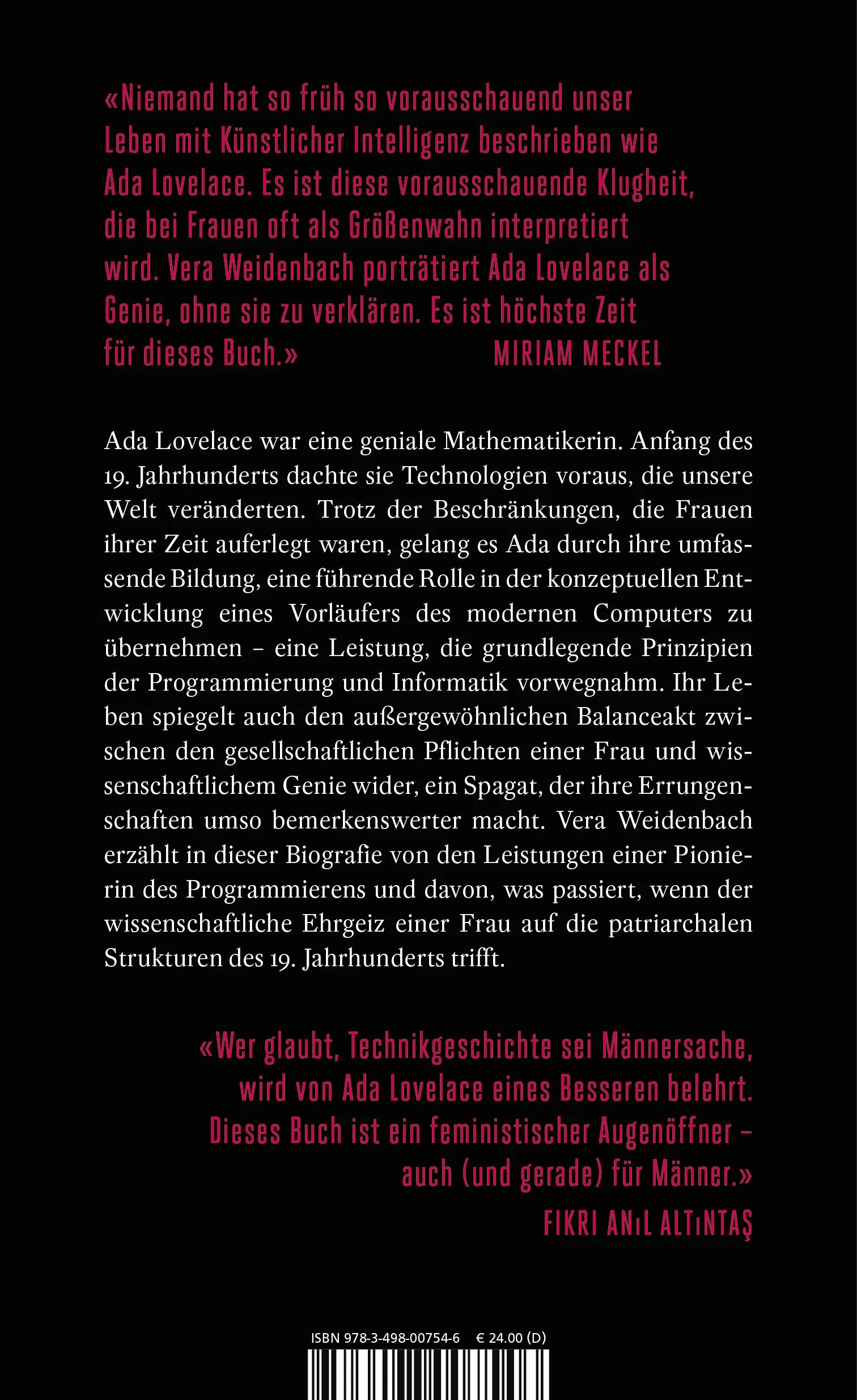 Buchrückseite von 'Ada Lovelace' mit Klappentext - Gebundene Ausgabe