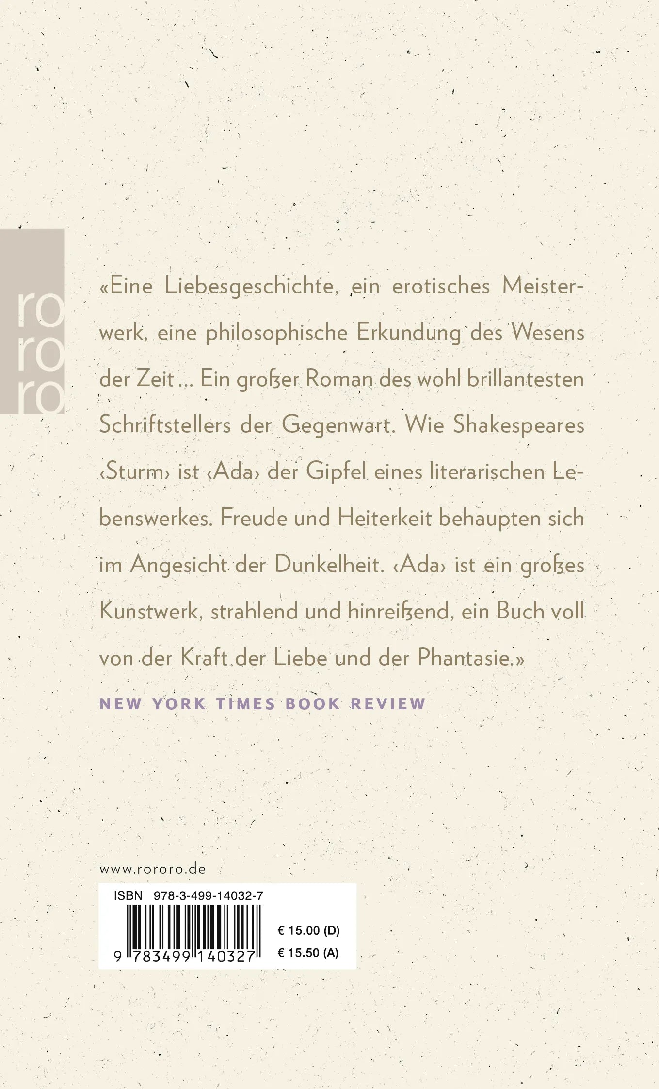 Buchrückseite von 'Ada oder Das Verlangen' mit Klappentext - Taschenbuch