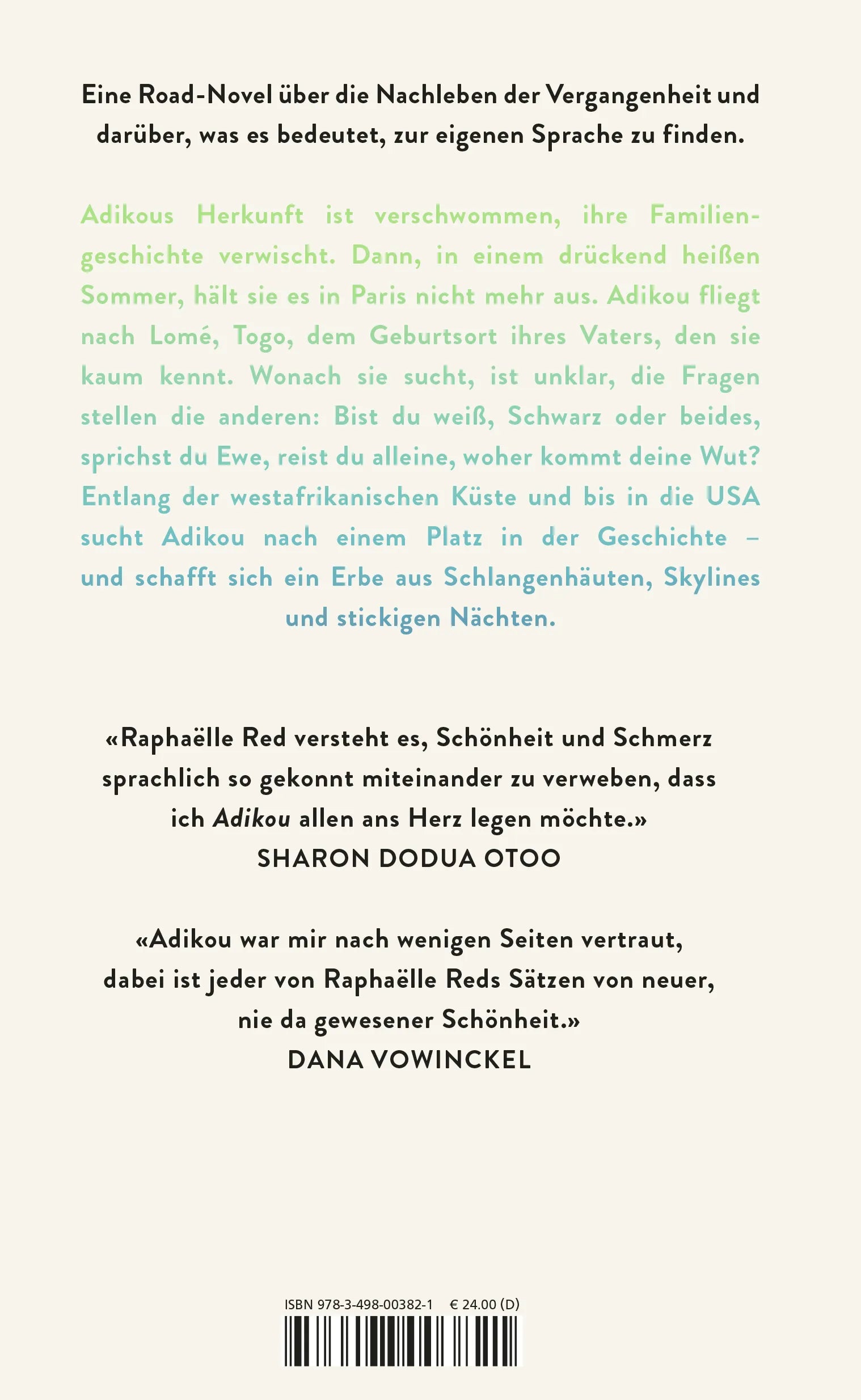 Buchrückseite von 'Adikou' mit Klappentext - Gebundene Ausgabe