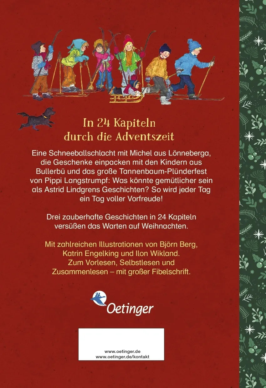 Buchrückseite von 'Adventskalender-Geschichten mit Pippi, Michel und den Kindern aus Bullerbü' mit Klappentext - Gebundene Ausgabe