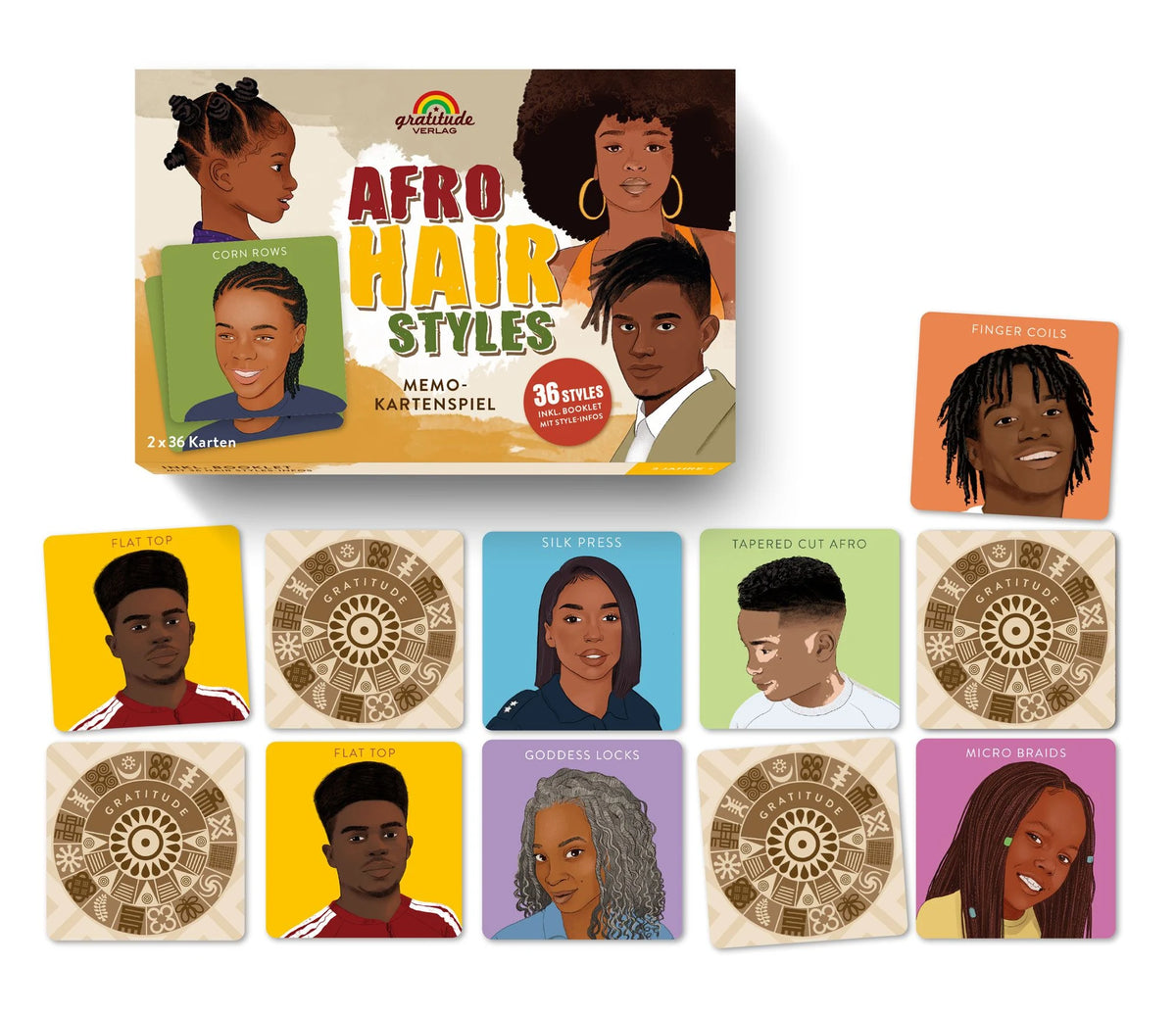 Afro Hair Styles. Memo-Kartenspiel mit 36 Styles incl. Booklet mit Style Infos – Ansicht