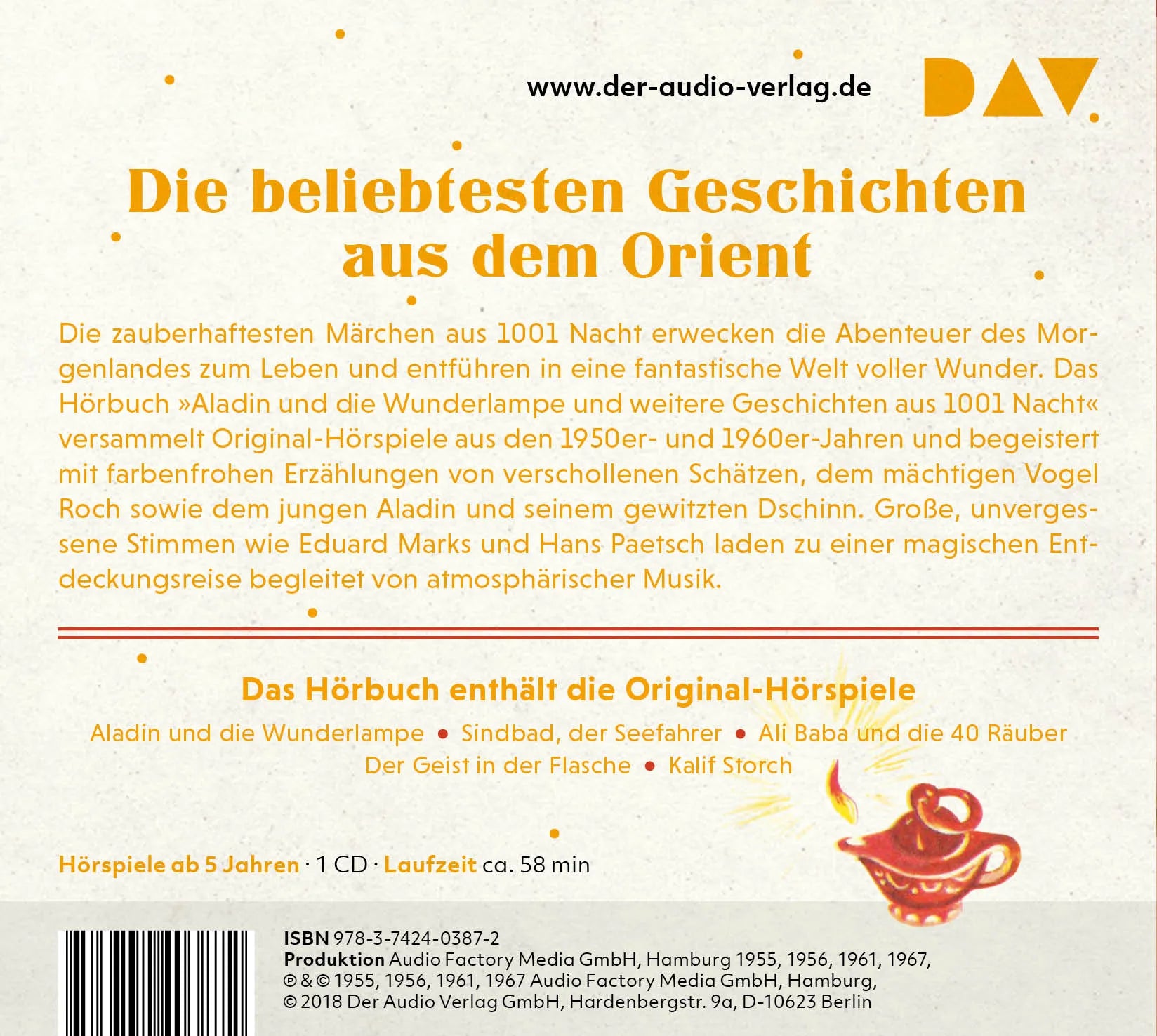 Buchrückseite von 'Aladin und die Wunderlampe und weitere Geschichten aus 1001 Nacht' mit Klappentext - Hörbuch (CD)