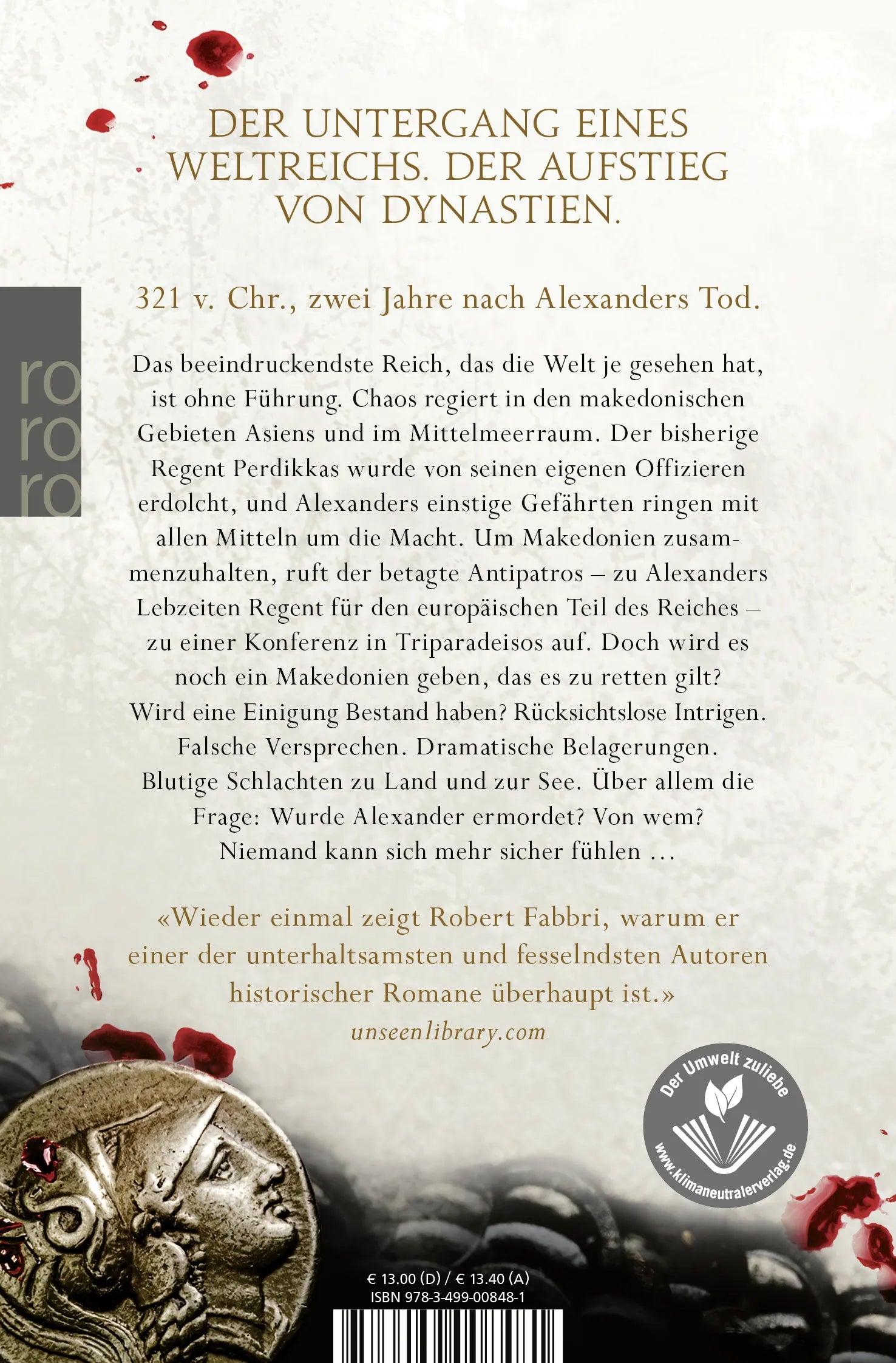 Buchrückseite von 'Alexanders Erbe: Der Fall des Weltenreichs' mit Klappentext - Taschenbuch